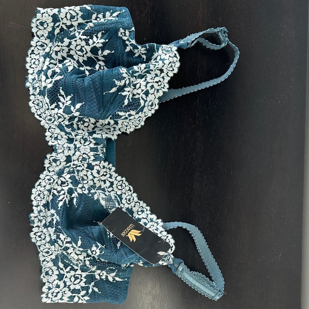 Wacoal deep Teal and White Lace Bra size 36B